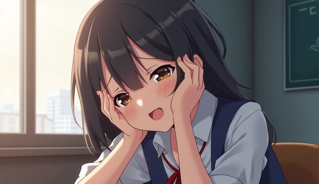 Anime-style scene of a female student who has just woken up, sitting next to me at the same desk. She looks at him tiredly., Pained eyes, Look up a little, Then place your face in your palm, Supported by the hand on her cheek, To support a sore head. The character smiles slightly, Looking at her sitting next to me、She is weak々Smile