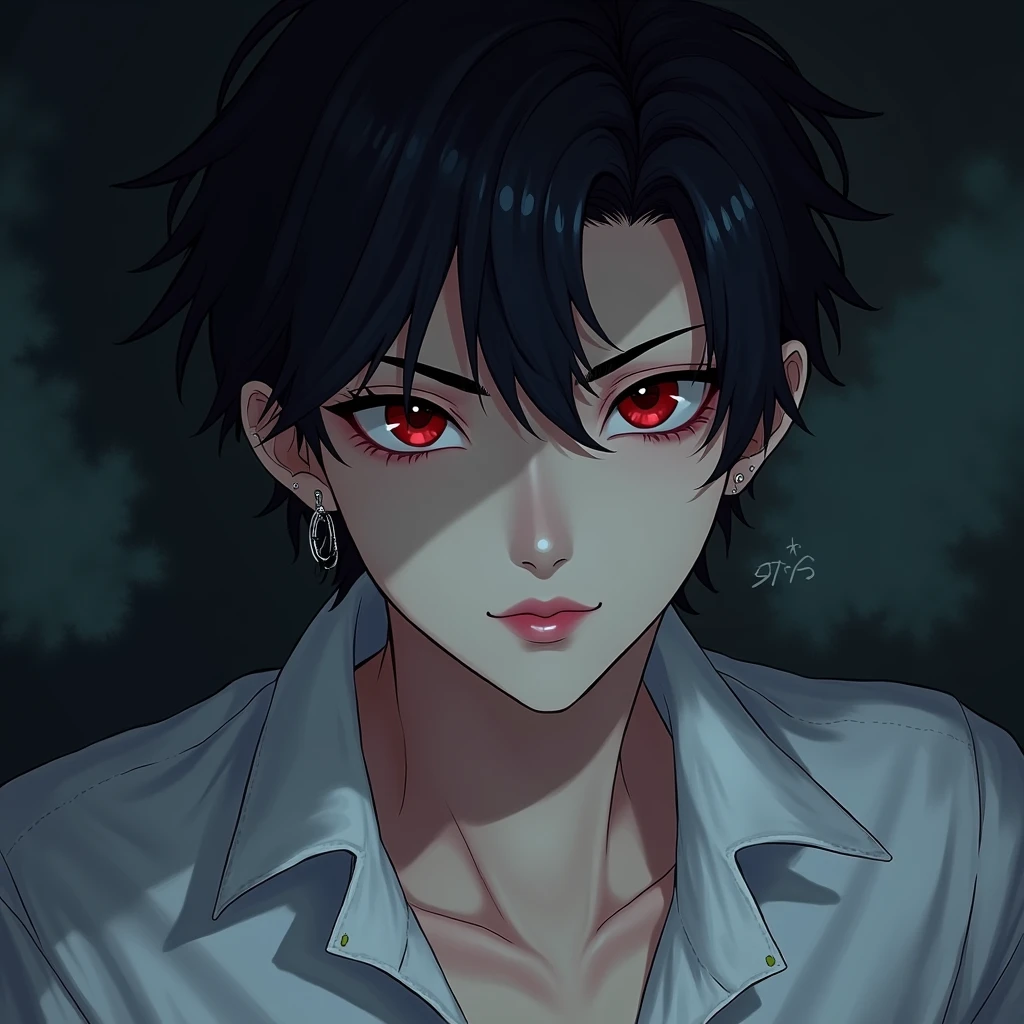 BTS Jeon jungkook as vampire dark aesthetic with piercings on his ear lips wearing white loose shirt in anime version and sexyness closeup shot
