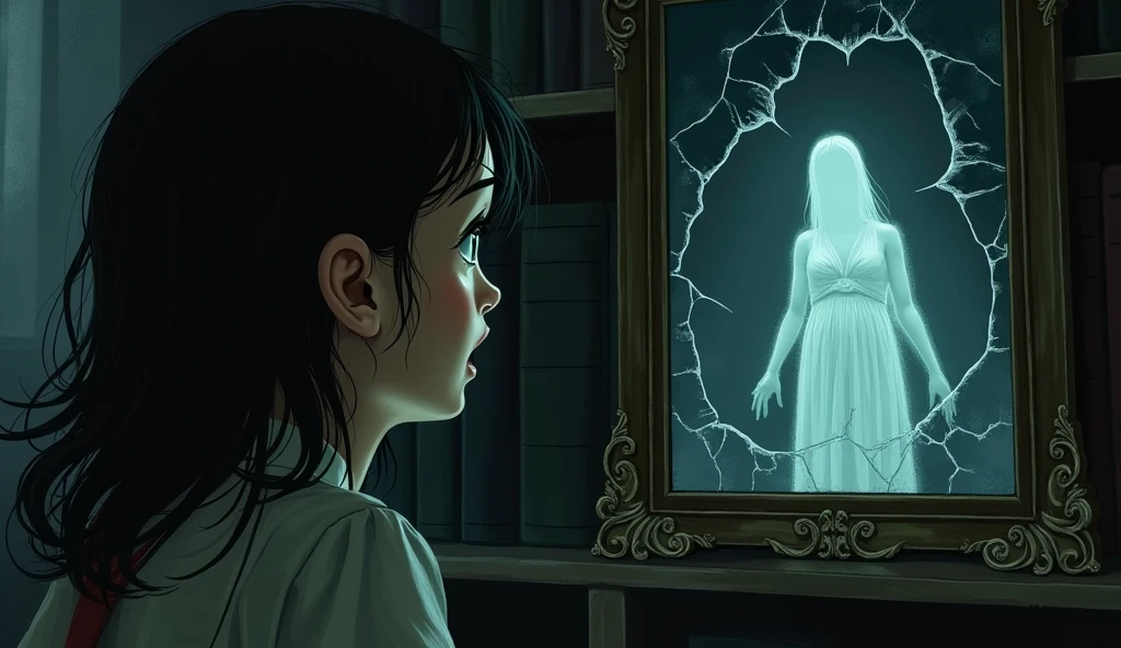 The girl freezes in fear as she catches a glimpse of a ghostly figure in the reflection of an old, cracked mirror on the library wall. The ghost is partially visible, its form translucent and menacing, lurking just out of full sight