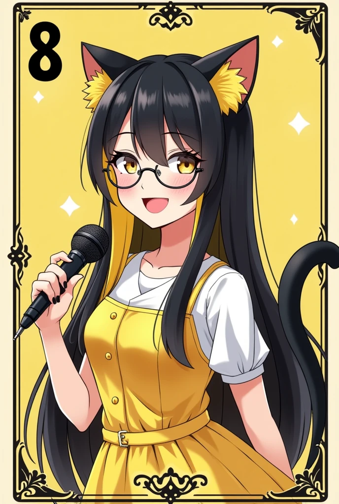 Create a 8 of square card with a young woman, a yellow and white dress, looking happy and holding a microphone in her hand, tarot style, black long hair, yellow hair tail, Black and yellow highlighted hair color, Black and yellow gradient hair color, wear round glasses, A pair of cat ears on the head