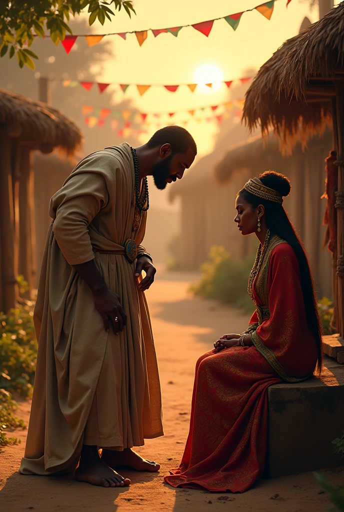 Ethiopian black guy bowing to an ethiopian queen at dusk time in an ethiopian village decorated with ethiopian flag color