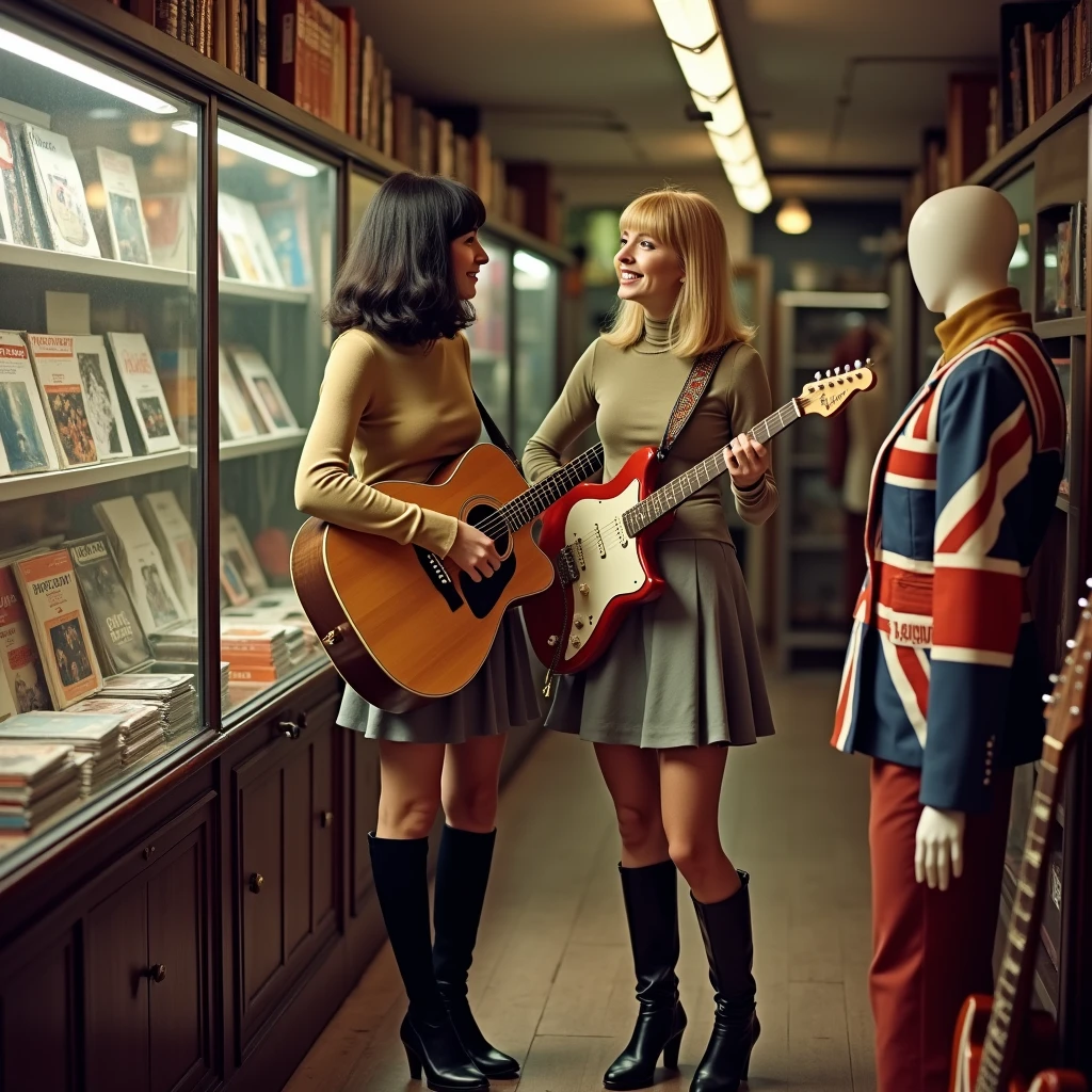 The time is Swinging London in 1967.、A full-body shot of a very beautiful 2 glamorous woman in 60's fashion、They are wearing tight turtleneck knitwear.AWearing a line skirt and long boots, she stands alone in a fashionable general goods store on Carnaby Street, holding an old-style electric guitar and an acoustic guitar.、The small shop was packed with records, clothes, magazines and miscellaneous goods.、dark brunette and shiny blonde very stylish 60's bob haiir,sagging huge Breasts、Wooden flooring、Glass Showcase、60's clothes displayed on hangers、They are laughing and talking、60's makeup like Twiggy、super realistic vintage old acoustic and electric guitars,A Union Jack tailored jacket on a mannequin