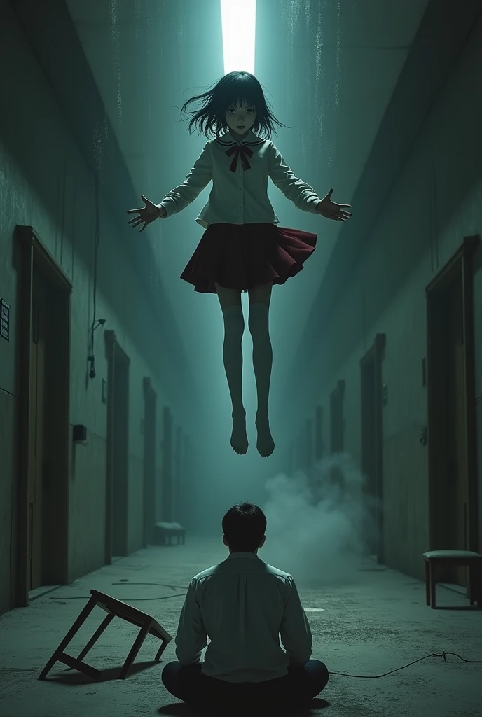 Scene of female student wearing white thigh high socks hanging herself to death, hovering in the air , a man sitting on the ground in panic