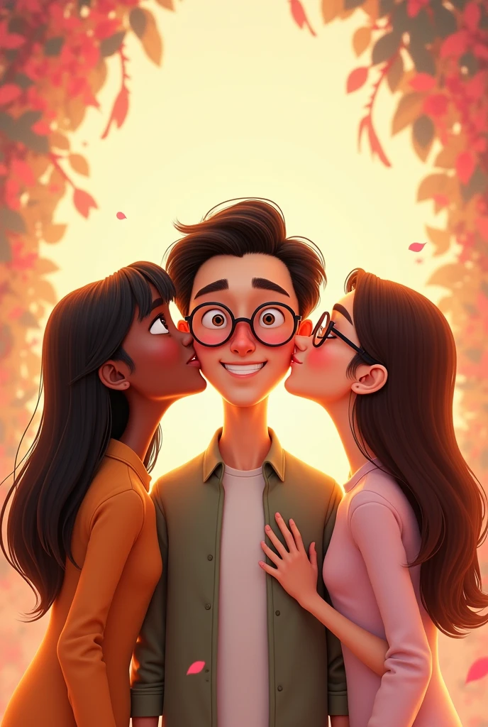 create a disney pixar style movie poster with title "Happy Ending" with three characters, the first character is in the middle and he is a man, Cao Cao, offwhite,straight brown hair parted in the middle and wears round glasses, the second character is giving the first character a kiss on the cheek, and she is a woman, is black , thin and straight black hair, e a terceira personagem está dando um beijo na bochecha do primeiro personagem and she is a woman, is white, long straight brown hair and wears glasses