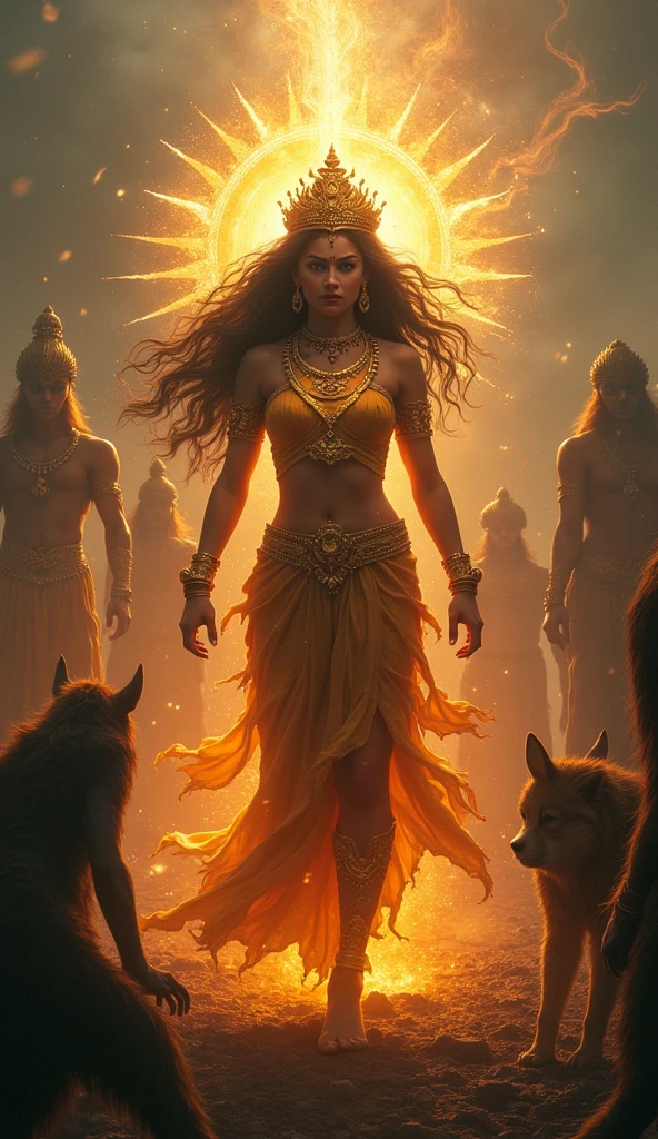 A radiant and beautiful Hindu girl, embodying the essence of Maa Durga, stands tall and fearless as she confronts a multitude of adversaries alone. With unwavering courage and unrelenting determination, she faces the dark forces that seek to harm her, her community, and her values. Like the goddess she personifies, she is a formidable force, armed with the power of righteousness and the unshakeable conviction to protect the innocent and vanquish the forces of evil. Create images