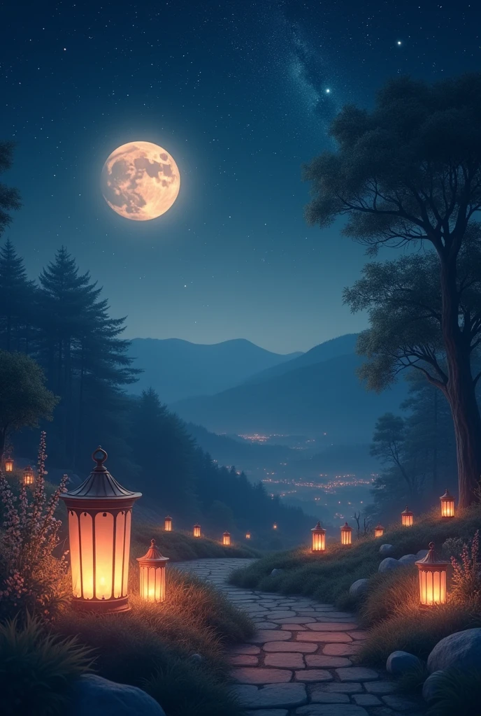 lanterns, moon and stars
