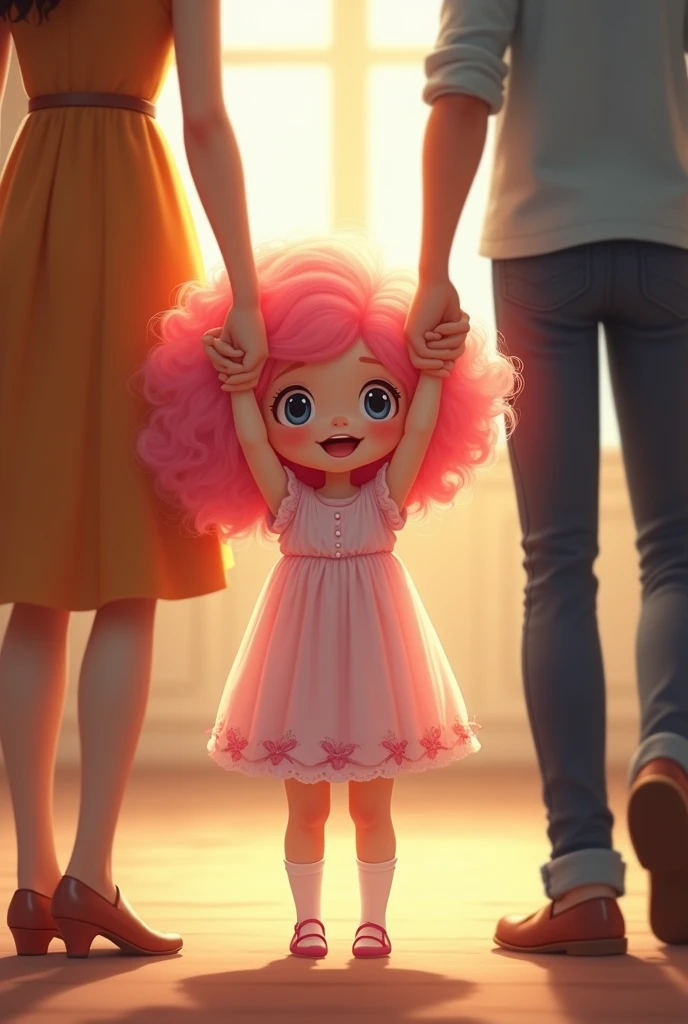 A baby girl with pink big hairs
 frock 
holding his mom and dad hand 