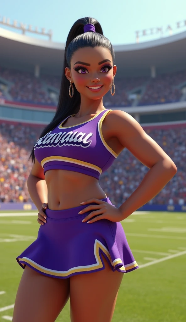 beautiful, plump, mexican woman, standing in a footbal stadium, purple, detailed eyes, beautiful detailed lips, extremely detailed eyes and face, longeyelashes, full body, 1woman, professional, neat long hair, tight ponytail, wearing purple cheerleader outfit, adventurous, cheering to a full packed football crowd, (best quality,4k,8k,highres,masterpiece:1.2),ultra-detailed,(realistic,photorealistic,photo-realistic:1.37),studio lighting,vivid colors,sharp focus,physically-based rendering,extreme detail description