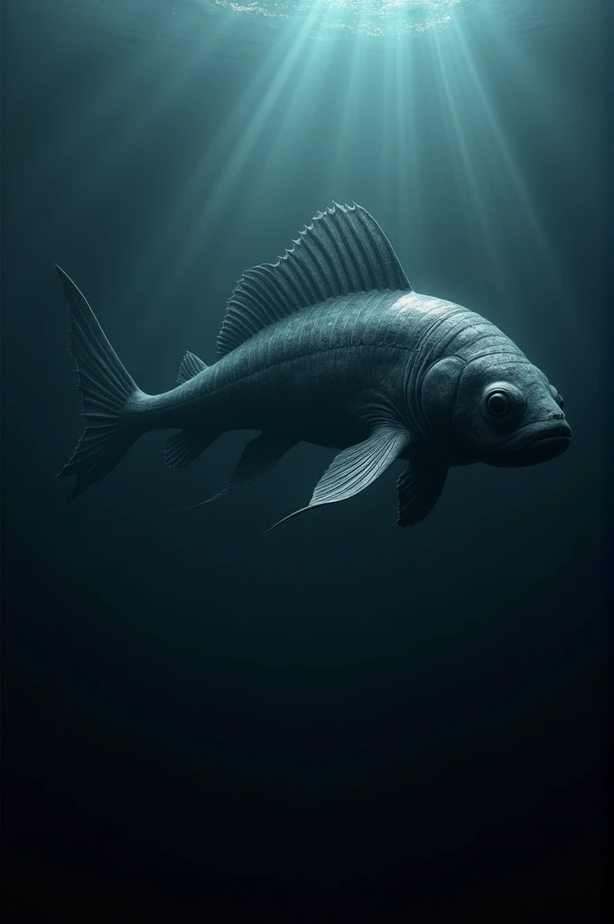 Coelacanth fish swimming in deep water, with its large body and unique fins.