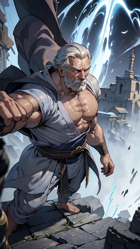 best qualityer,work of art,(1 men, wrinkled face, man old:1.2), wise, grey-eyed, White hair, rosto do Sean Connery, faded fall, Style-GravityMagic, looking away, standing alone, (whole body:0.6), detailed back ground, face detailed, (fancy, dissolving, decay, entropimagic theme:1.1), oriental-like, monge, dynamic pose, posture of fight, Fist Grenching, beating, gloves fingerless, wristbands, martial arts themed clothing, monge robes, oriental-like temple stairs in background, swirling floating particles, Depth of field, dynamic composition, epic oriental-like medieval atmosphere, marvel hero style, 8k, best qualityer.