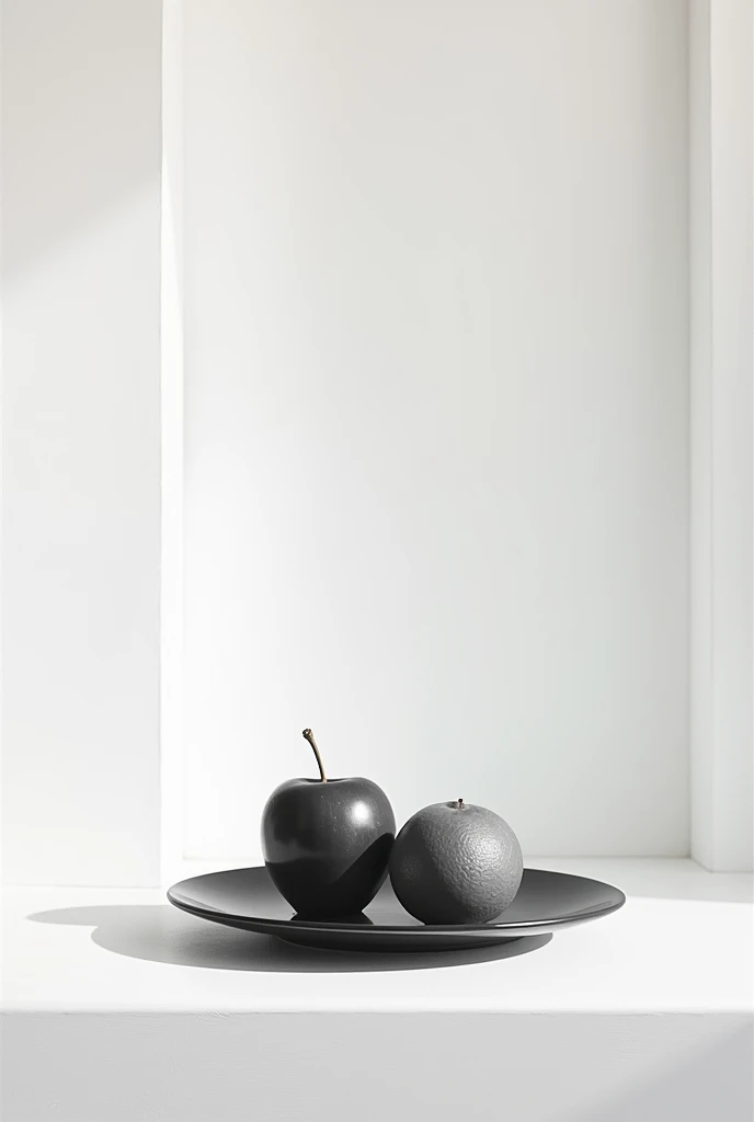 oil pant sket black&white picture apple and orange on the dish. they are in the clean room.