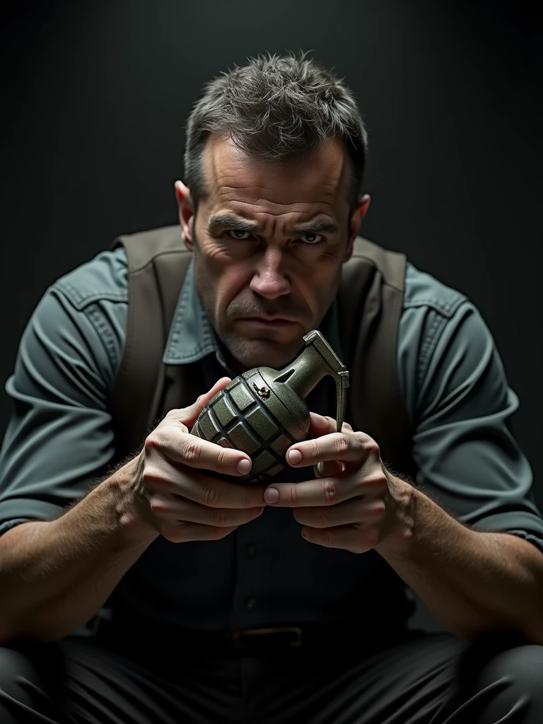 "Please describe a scene featuring a man holding a grenade, emphasizing the context and implications of this action. Consider the emotional state, motivations, and potential consequences of his demeanor. The tone should be formal and analytical, exploring themes of conflict, tension, and the weight of responsibility inherent in such a situation."