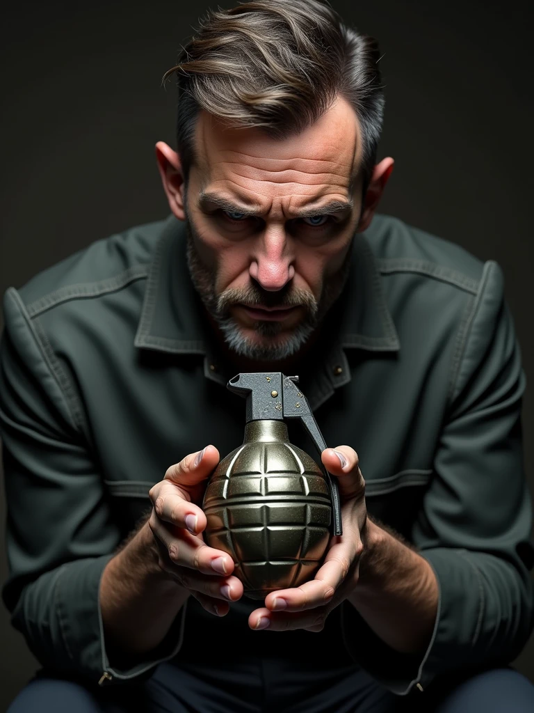 "Please describe a scene featuring a man holding a grenade, emphasizing the context and implications of this action. Consider the emotional state, motivations, and potential consequences of his demeanor. The tone should be formal and analytical, exploring themes of conflict, tension, and the weight of responsibility inherent in such a situation."