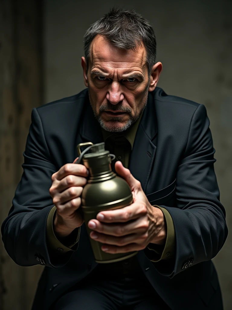 "Please describe a scene featuring a man holding a grenade, emphasizing the context and implications of this action. Consider the emotional state, motivations, and potential consequences of his demeanor. The tone should be formal and analytical, exploring themes of conflict, tension, and the weight of responsibility inherent in such a situation."