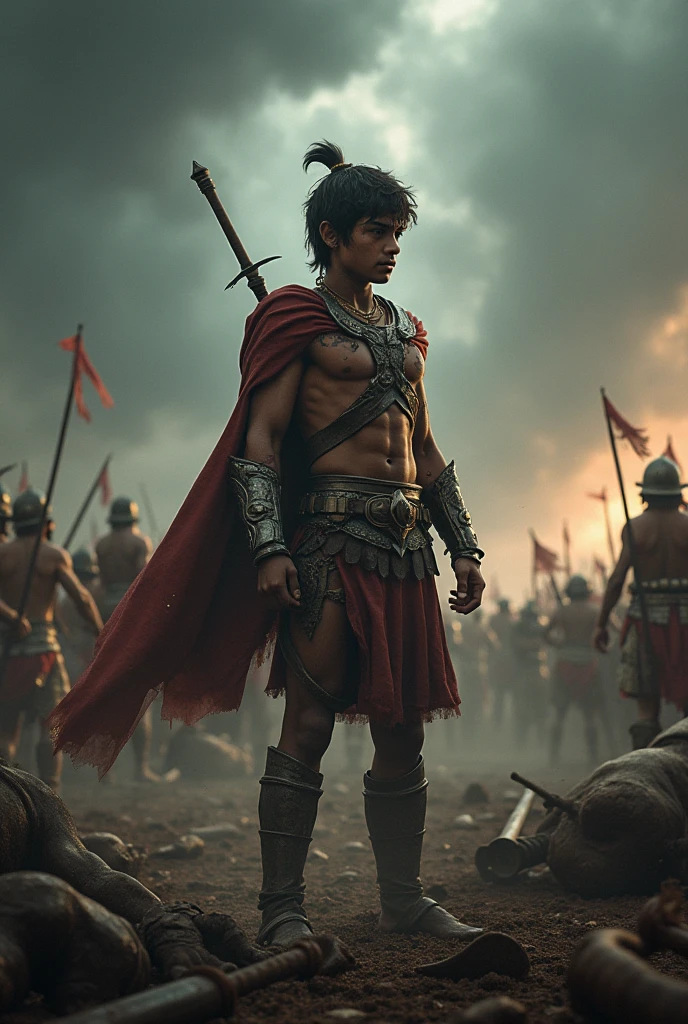 A battlefield scene where Abhimanyu, a young and brave warrior, stands surrounded by fallen enemies, showing signs of exhaustion and injury. His armor is damaged, and there are cuts and bruises on his body, but his posture is still heroic. The background depicts a chaotic battlefield with weapons scattered around and a few remaining opponents watching him in awe and fear. The sky above is dark and stormy, reflecting the intensity of the battle, and Abhimanyu’s face is determined yet strained, highlighting his bravery and sacrifice.
Would you like an image of this scene?