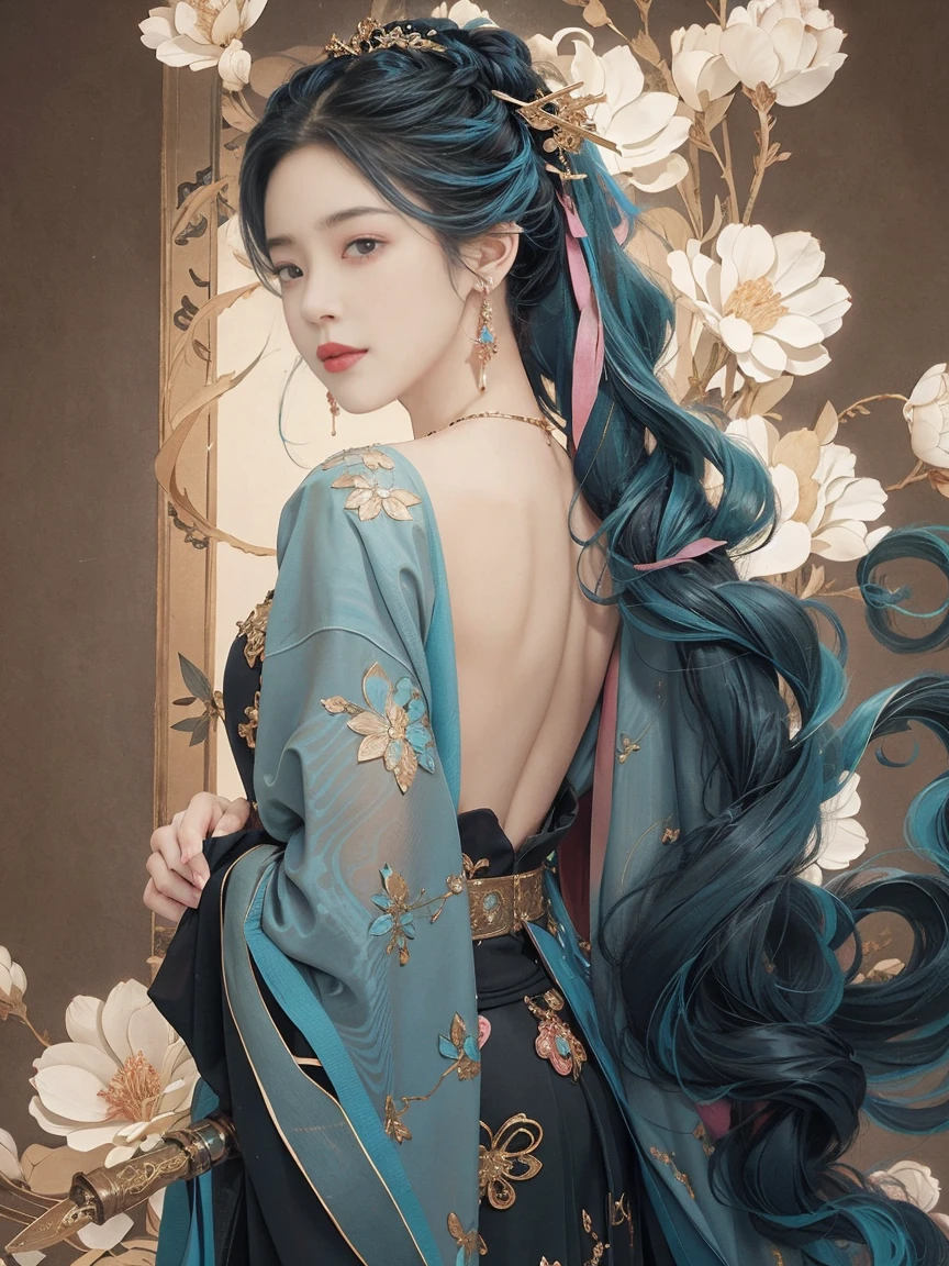 highly detailed, 8K, masterpiece, 1 girl, blue pink_hair, nude, Smile, (perfect_Face), boundary, close up, crazy, exist_Back, Gorgeous, complicated, Dramatic Lighting, 4K, detailed_Background, Caustics, full_Body,  