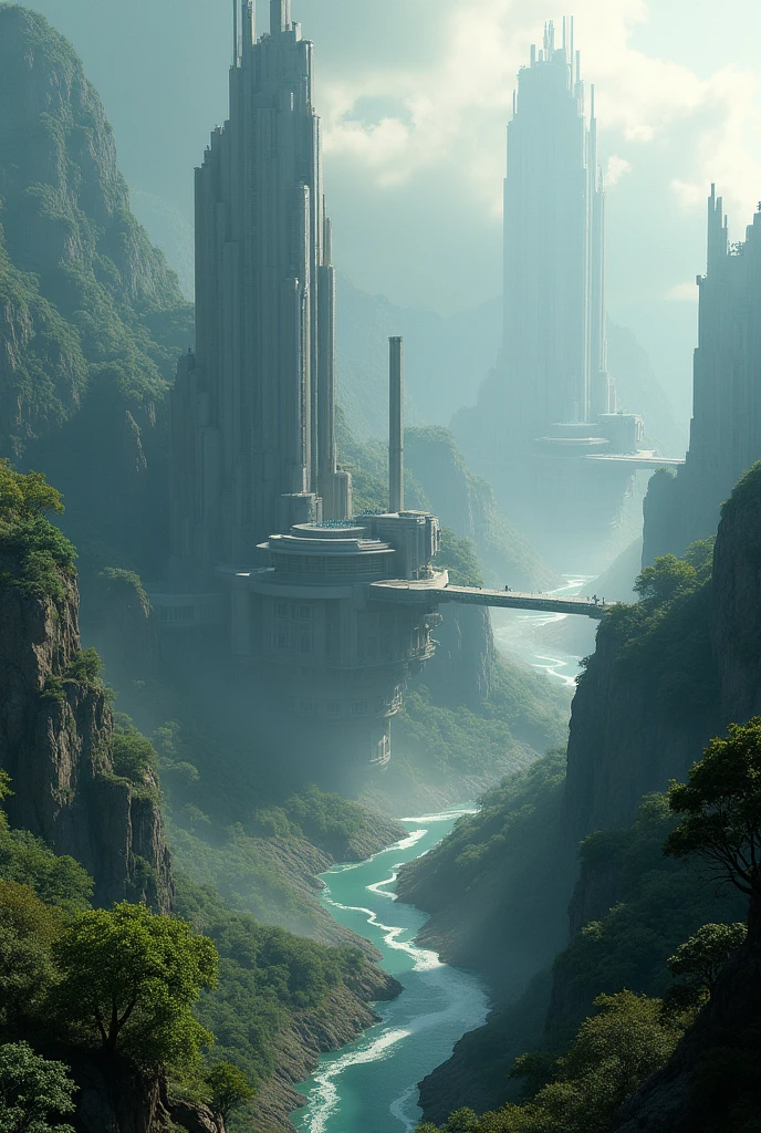 intricate 3D digital art, highly detailed fantasy world, dramatic lighting, sweeping landscapes, epic architecture, mysterious structures, advanced technology, futuristic elements, muted color palette, cinematic atmosphere, photorealistic rendering, best quality, 8k, highres, masterpiece, ultra-detailed, realistic, photorealistic, photo-realistic, HDR, UHD, studio lighting, ultra-fine painting, sharp focus, physically-based rendering, extreme detail description, professional, vivid colors, bokeh