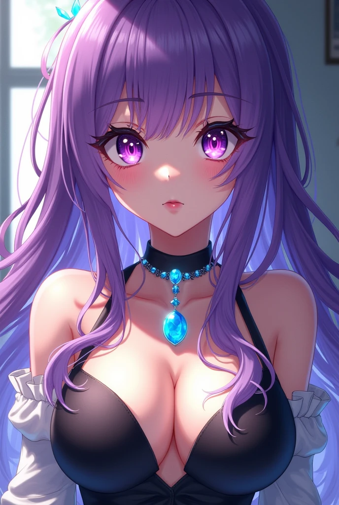 A beautiful girl with violet hair and magenta eyes and a black cornea on her left eye. Beautiful. Her breasts are big. Her clothes are black and her sleeves are white. She wears a bright blue gem necklace. Her hair covers her left eye. Has a bright blue gem on her forehead. Beautiful. There is only one gem on her necklace. Her hair covers part of her left eye. Anime ai. Her hair is long