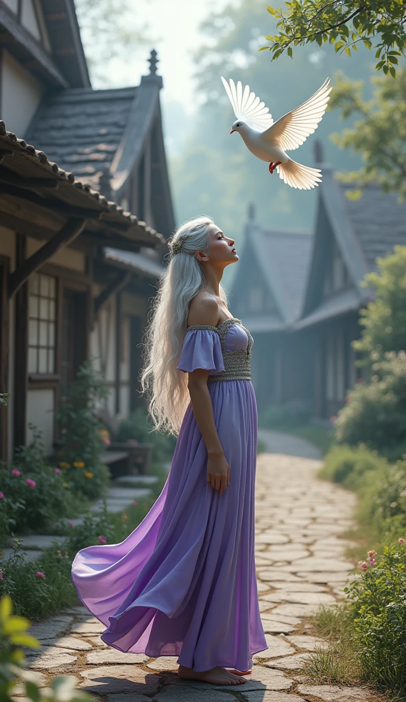 Full-body portrait. A beautiful silver-haired elven woman, wearing purple and white clothes, stands while flying a dove. The background is a simple house made full of shiny brown wood in an elven village. The background of the house is a beautiful elven village. This scene is a very detailed and professional 3D digital art. Masterpiece