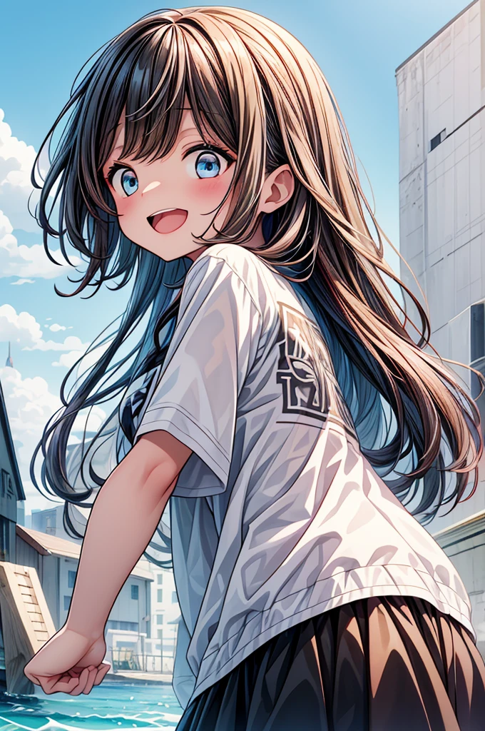 (((masterpiece))), (Highest quality), (Super detailed), (very_expensive_solve), (big_file size), (Full Color), One Kemomiko Girl, Beautiful pink and white two-tone hair, Big and beautiful eyes, Blue Eyes, (The best smile), (smile: 1.1), (Open your mouth: 1.1), (Please open your eyes: 1.2), Seaside, 空を飛んでるSeagullにfrench friesを食べさせている, from behind, Cowboy Shot, Seagull, french fries, Oversized T-shirt, french friesを食べている,