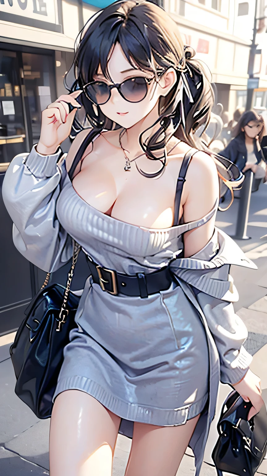 Spiral Curls，Hair is soaked，sunglasses，Bend over，Staring closely at the camera lens，Chest close-up，One size larger crew neck sweater，Shoulder bag，Waist
