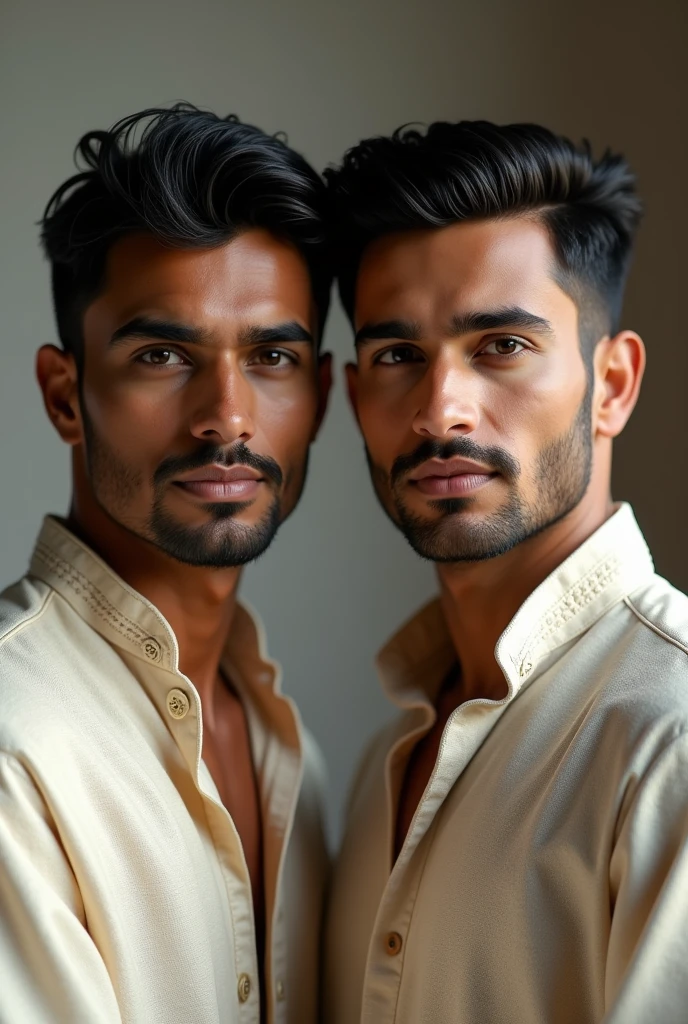 Create an ultra realstic
image of 2 handsome, white skin indian