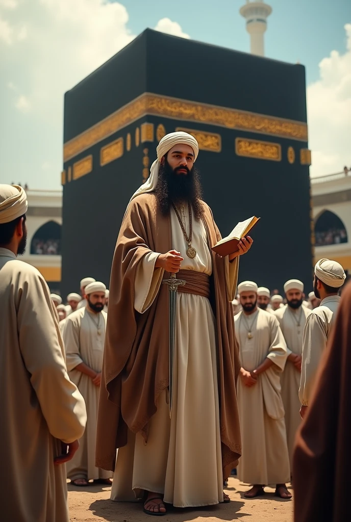 A bearded handsome young man is preaching Islam by the side of the Kaaba house in Mecca. There are many people beside him and looking at the young man, the handsome man is standing holding the Qur'an in one hand and holding a sword in the other. He has long hair and a turban.
There will be a picture of Kaaba Sharif in the background. All will wear Arabic clothes.