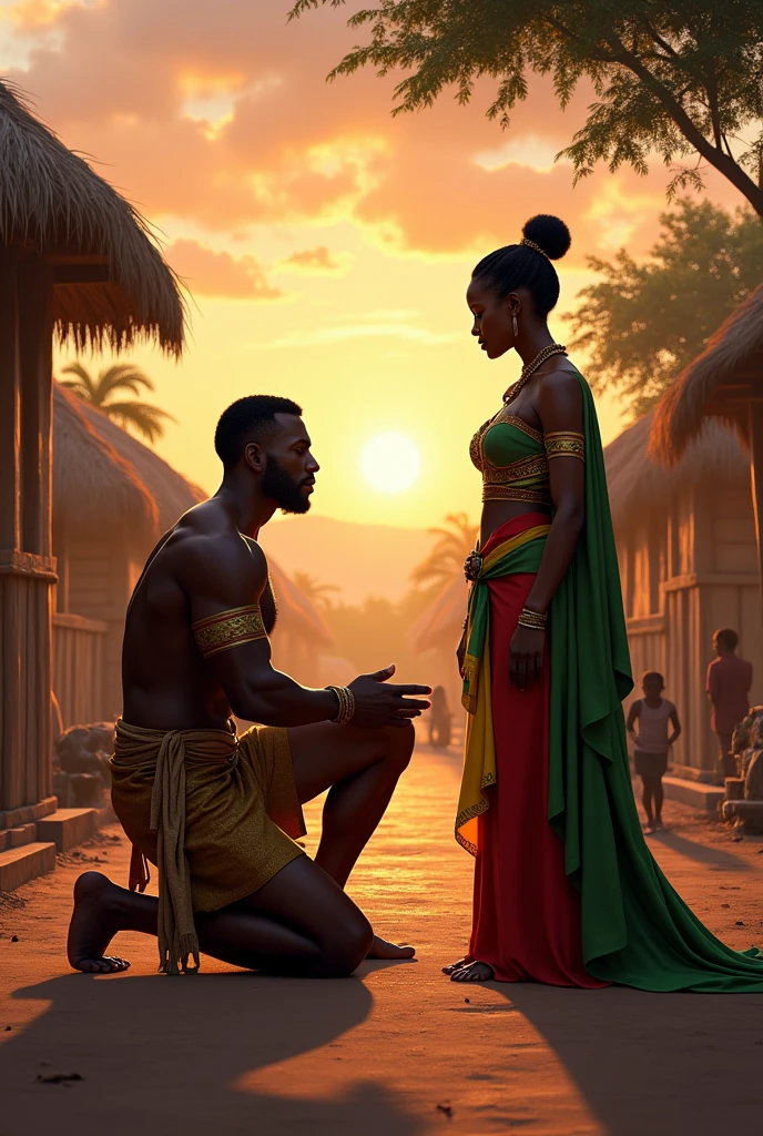 Ethiopian black muscular guy bowing to an ethiopian queen at dusk time in an ethiopian village decorated with ethiopian flag color

