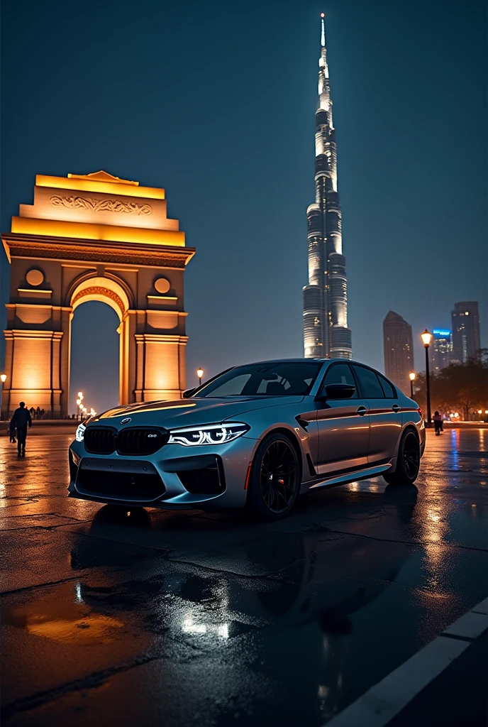 Burj Khalifa behind the India gate with bmw m5 at night