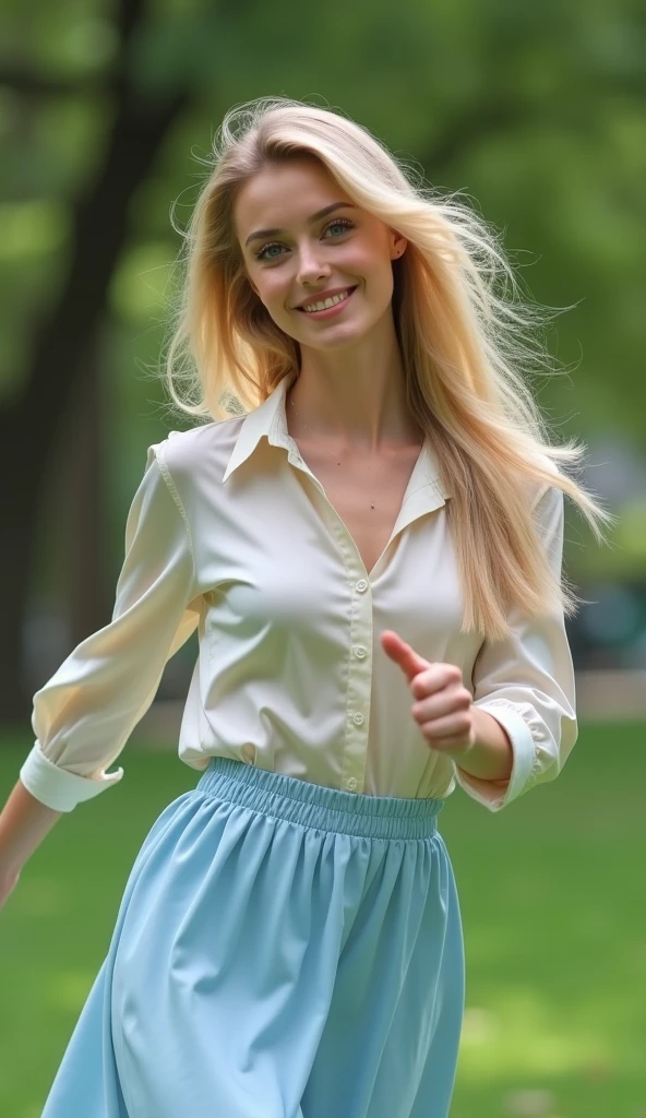Realistic full body photo of a smiling, Young blonde woman with long hair, She dances in front of the camera in a silk blouse with a light blue skirt...., Park,glamour fotoshooting, Park, perfect anatomy, perfect blue eyes. Perfect hands with 5 fingers on each hand, Matching girl, looking at the camera, 1 Frau. (Eye make up:1.1), (highly detailed skin:1.1), spirit, analog style, keen focus, 8K UHD, dslr, good quality, Fujifilm XT3, Grain, Award-winning, masterpiece. Park