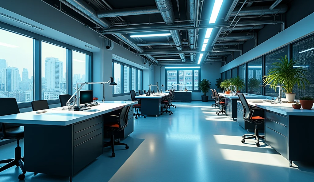 state-of-the-art decoration, large environment, panoramic view of closed environment, 360°, research laboratory with stylish decor and modern color palette, with psychological effect of efficiency and stimulation, comfortable lights and modern furniture, modern cyberpunk sexy wall decor, masculine environment with harmonious natural and artificial lighting, ultradetailed, High definition