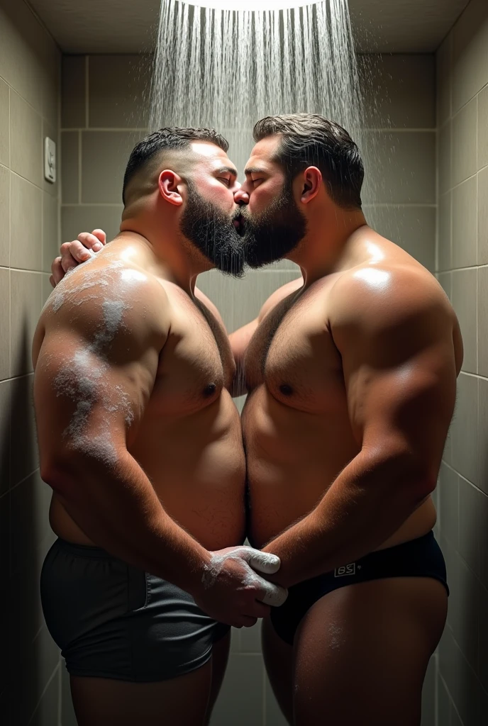 2 soccer players, homemns gordos e parrudos se kissing, kiss, kissing,, dois Men de corpo inteiro pelados de penis eretos, erection, taking a shower under the shower turned on , protruding and hairy belly on display, , Whole bodies, soaping yourself, Men, Men, males, fat virility, real hairy men enjoying themselves in the bath, soap at your feet, bathroom background with shower on, humid, vapour, water, immersive and sensual lighting
