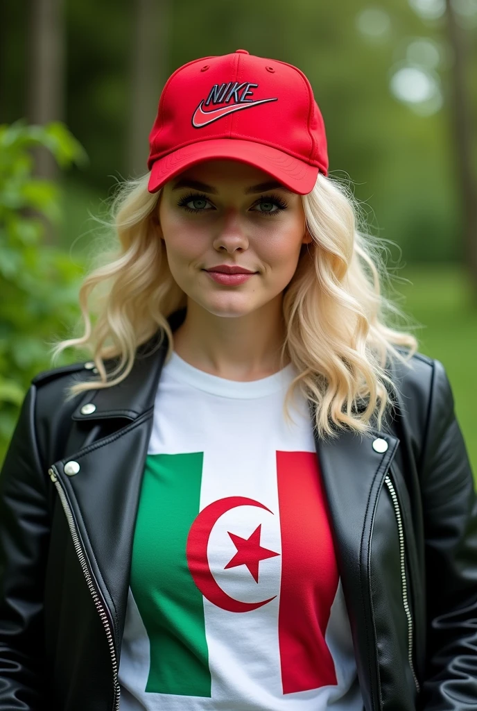 Close up, blonde, plump woman . Wearing a black leather coat, a Big Boys Nike Red Futura Pro Performance Snapback Hat - Red, a T-shirt with a detailed Algerian flag in green and white, a green nature background