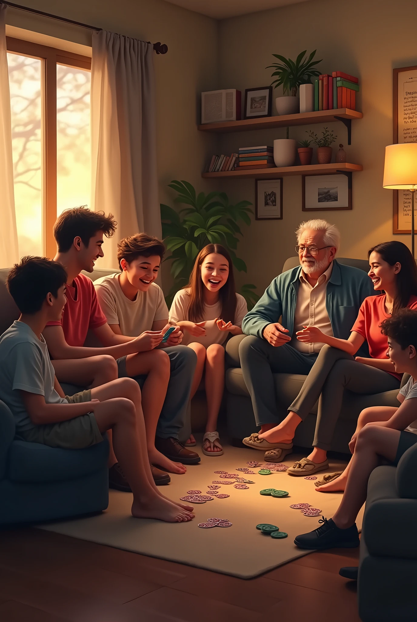 (Photorealism:1.2), 1. A group of friends sat on the sofa: boys and girls, discussing the latest news. One guy points at his phone screen with interest, and the rest look on with curiosity.
2. A girl with long hair sat comfortably in a chair, threw his legs under the armrest, and laughs at his friend's jokes, sitting on the floor with cards in his hands, preparing for the game.
3. In the corner of the room there is a shelf with books and board games.. Snacks and drinks are spread out on the couch, creating an atmosphere of friendly coziness, which complements the light from the table lamp.
4. grandfather, with black hair and gray temples, leans on the door frame, watching young people. His smile is full of kindness, and their eyes shine with pride for their friendship and energy.
5. The room is filled with laughter and discussion., creating an atmosphere of warmth and comfort. Each of the friends actively participates in the conversation., and the grandfather lovingly watches their interaction, feeling nostalgic about my youth.