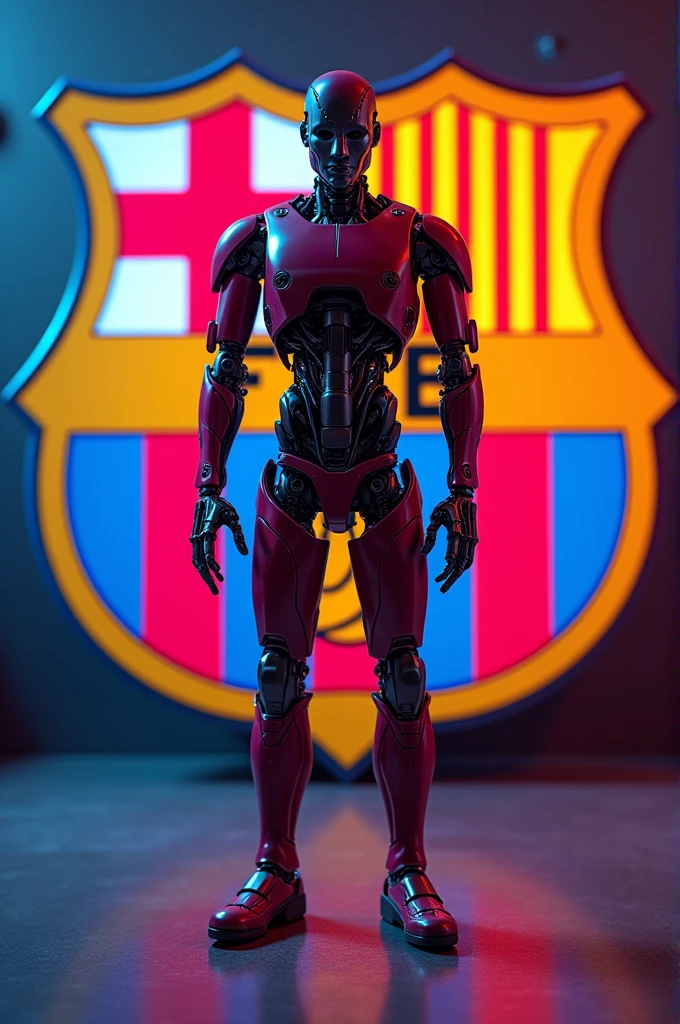 Messi robot, garnet,.blue,Barça shield.in the middle of the.escudo con circulos concentrico bluegranas luces tenues led,  colors. Bamdera Catalonia