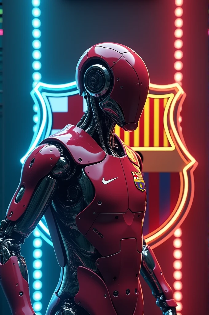 Messi robot, garnet,.blue,Barça shield.in the middle of the.escudo con circulos concentrico bluegranas luces tenues led, colors. Bamdera Catalonia