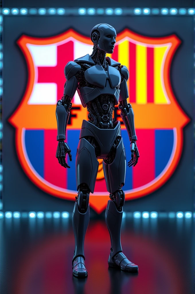 Messi robot, garnet,.blue,Barça shield.in the middle of the.escudo con circulos concentrico bluegranas luces tenues led,  colors. Bamdera Catalonia