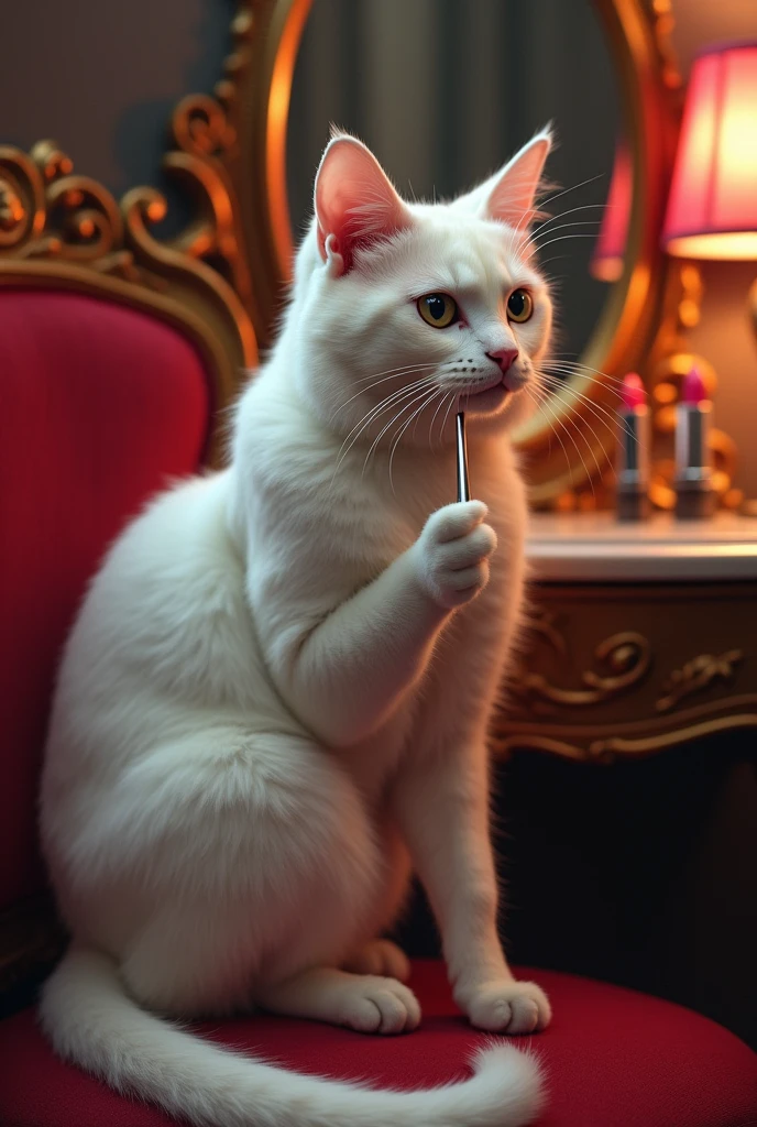 Beautiful White Cat Applying Lipstick: bra and panty
Description: A young, beautiful white cat in a hot, glamorous one-piece dress. She is applying bright red lipstick with a graceful hand, her elegant high heels visible. The background features a luxurious vanity mirror with soft, ambient lighting highlighting her flawless makeup, including perfectly applied eyeliner.