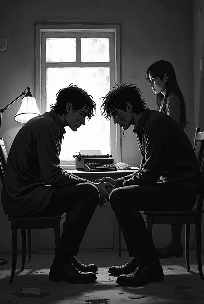 A b&w image of two men, sitting facing each other in a dimly lit dilapidated writing room. The one answering the questions in 2, with messy long hair that almost covers his face and dark eyes and looks horrified of something. He has cuts on his face. The one asking him is 1 with short hair. There is no light in the room and it's night. There is a typewriter behind them and they are sitting on couches with a window behind the scared man's back. The room has pictures hung on the wall that are torn. The scared man is wearing a dirty shirt and has blood on his hands. The other man is a college student. The scared man has no beard. The typewriter is lit in shadows. It is raining outside. The scared man is on the verge of crying and his face is half covered by his hair but the cuts on his hands are visible and bleeding. The pictures are of the man himself but scratched of torn. Realistic. The scared man has no beard. The other man is gone now