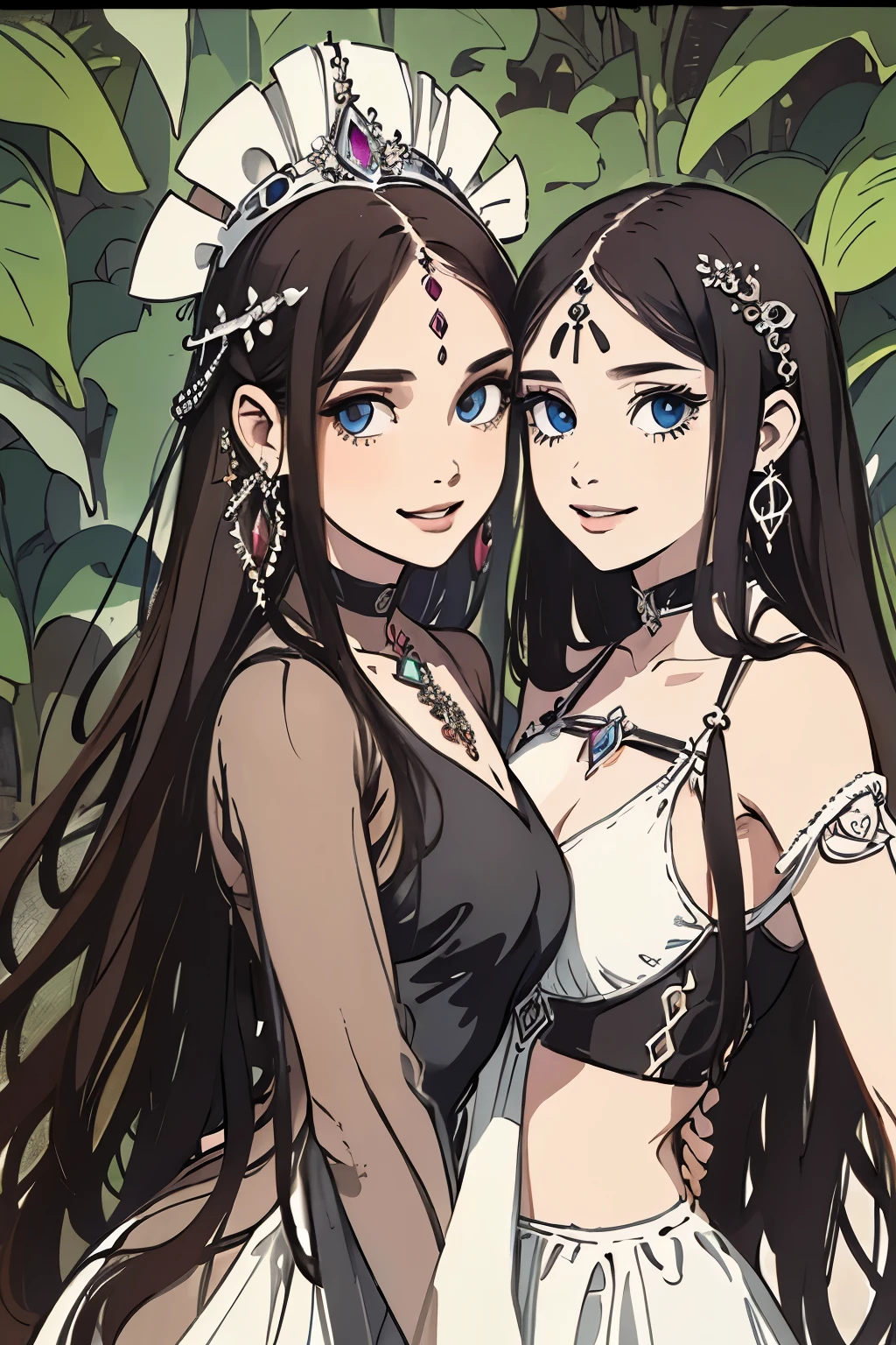 ( Absurdly , High quality , ultra detailed ) ,( hand detailed ) ,girl with her daughters, very long hair, beautiful crystal eyes ( eye detailed ) ,, elegant, colorful, highest detailed,