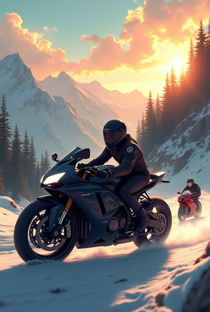 A super bike rider riding a bike in mountain with pleasent sun rise anime in asnow aboy and his friends in another black super bike