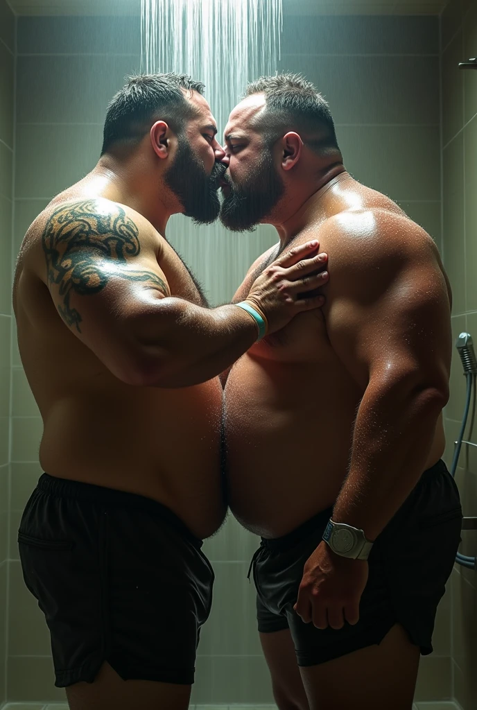 2 rugby players, Men gordos naked e parrudos se kissing, naked, without clothes kiss, kissing,, dois Men de corpo inteiro naked de penis eretos, erection, taking a shower under the shower turned on , protruding and hairy belly on display, , Whole bodies, soaping yourself, Men, Men, males, fat virility, real hairy men enjoying themselves in the bath, soap at your feet, bathroom background with shower on, humid, vapour, water, immersive and sensual lighting
