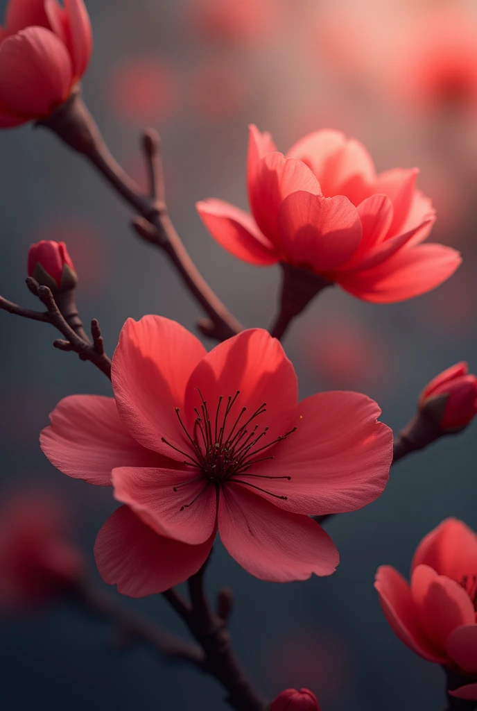 Red plum blossoms，Very beautiful digital art，Soft and beautiful light，Cold background，black