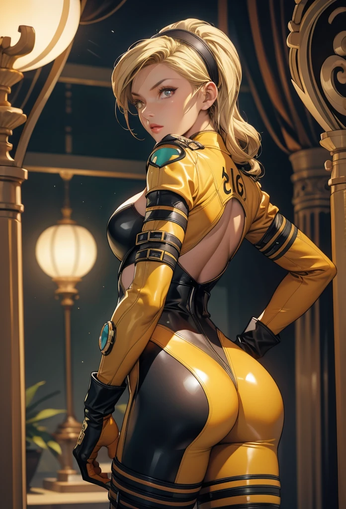 perfect eyes:1.2, detailed eyes:1.4, lienneville, serious, from behind, ass, looking back, mansion, blonde hair, hairband, red eyes, bodysuit, large breasts, cleavage, gloves, cowboy shot, 1girl, solo, (masterpiece:1.6, best quality), 8k, insane details, intricate details, hyperdetailed, hyper quality, high detail, ultra detailed, professional, HDR, ray tracing reflection, cinematic lighting,
