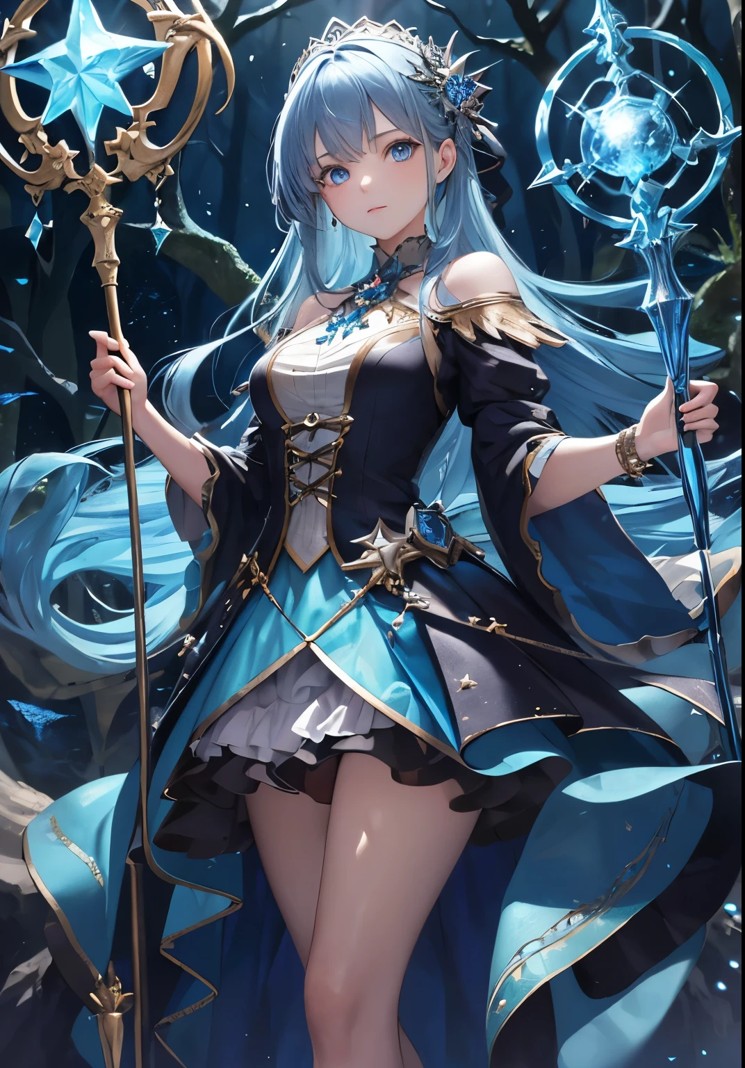(masterpiece),best quality,depth of field,glass shards,simple background,1girl,looking at viewer,((She's holding great magical staff covered in mystical energy))(Black and Sky Blue Hair), deep Blue Clear Eyes,((Beautiful, detailed body))head to toe portrait:1.3))((, She's standing in a highly detailed magical forest with a river)) detailed sharp sparkly blue eyes!!