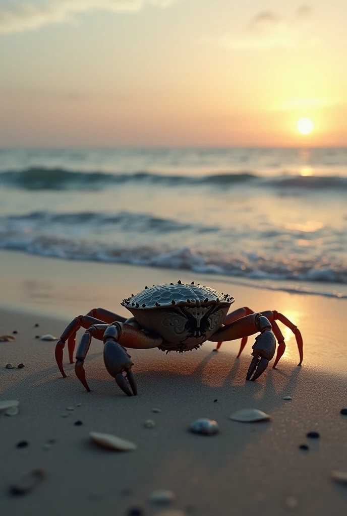 Horseshoe Crab crawling along the sandy beach at dusk, with a sea background.