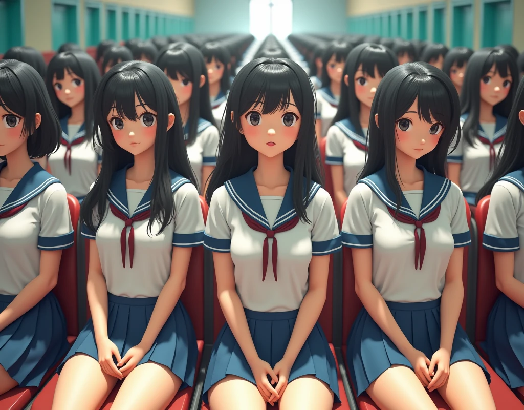 (Japanese Clone-girls=Myself), (Super Best masterpiece Clone-girls Raw Photography Art), (16K, Highest quality, Ultra-high resolution, RAW Photos), (It's so unrealistic., With unparalleled depiction, With an unfathomable sight, An unprecedented and shocking worldview, Clone-girls: In a world of mass reproduction, Ultra-realistic depiction), (Japanese girls, shinozaki-ai, 17yo), (Small face, Black Hair, Medium Hair, Dark Eyes, Mature face, Cute Smile), (Laughing expression), (Very beautiful and detailed girl, Accurate body structure, Accurate body movements, Very detailed body), (Super big breasts, Large bulge of ample breasts), (High School Girl School Uniform, Emphasise the fullness of your breasts), (Very detailed, Myself cloning, Depiction of splitting oneself, 1Myself girl→1,000,000,000,000,000,000,000,000,000,000Myself cloning girls), (Myself clone girlsは, With the same perfect appearance, to multiply in large numbers), (Very detailed depiction, Myself's multiplying female body, In the same female body,With the same face, With the same hairstyle, In the same clothes, At the same height, 同じSuper big breastsで, A completely indistinguishable female body, 1,000,000,000,000,000,000,000,000,000,000 people), (Myself girls only), (1,000,000,000,000,000,000,000,000,000,000Myself girls), lecture hall, Lecture, Chat with Myself, Enjoyable lessons, sit, Ultra-wide field of view, Focus on the average value of the image, Bright and easy on the eyes lighting.