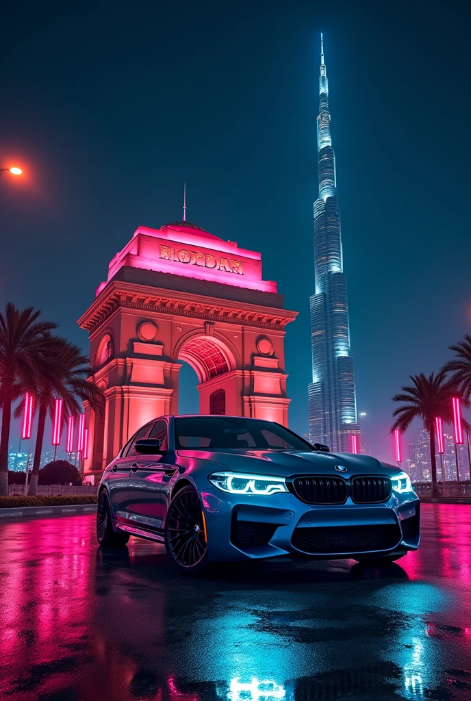 Burj Khalifa behind the India gate with bmw m5 at night with neon light