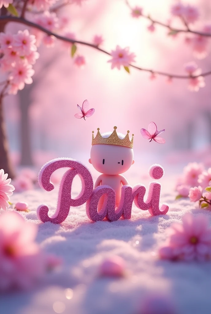 "Create a whimsical and dreamy scene in 8K resolution. The focal point should be a name written in elegant, sparkling cursive letters, to 'Pari'. Surround the name with delicate pink and purple butterflies fluttering gently. Place a small, cute, abstract character behind the name, wearing a sparkling crown, adding a sense of royalty and charm. The background should be filled with soft, blooming cherry blossoms, creating a magical atmosphere with a pastel color palette. The overall mood should be serene, ethereal, and filled with gentle light reflections, ensuring high detail and quality in the textures and lighting. The scene should have a soft focus effect, enhancing the dreamy and magical feel."