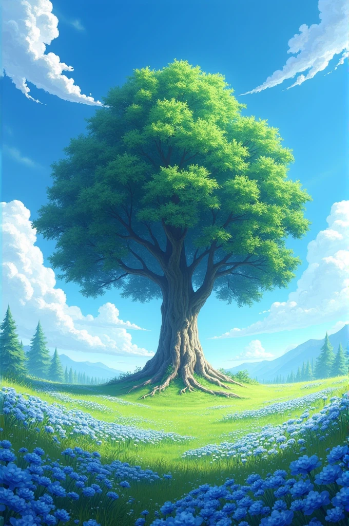 A beautiful tree stands on blue and white flowers grassland under bright sky